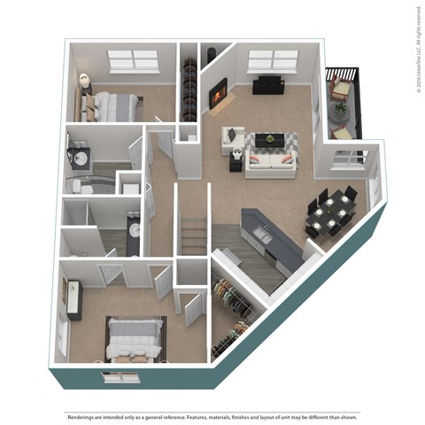 Floor plan for 2 beds, 2 baths, 1265 sqft